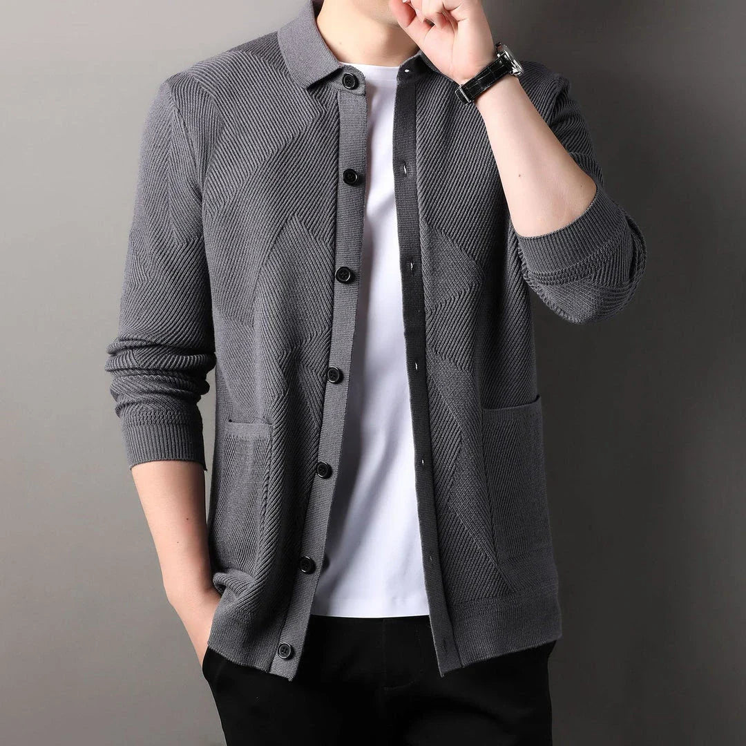 A stylish and cosy men's knitted cardigan with a fashionable lapel design, available in a range of classic neutral tones.
