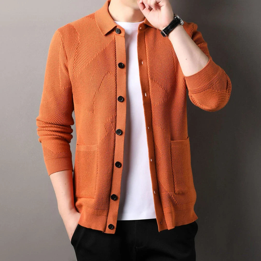 A stylish and cosy men's knitted cardigan with a fashionable lapel design, available in a range of classic neutral tones.
