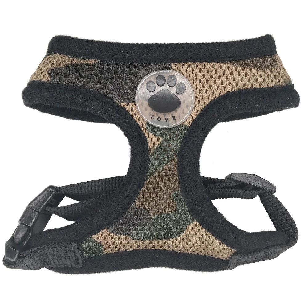 Breathable dog harness with stylish paw print design, made of durable nylon and breathable mesh panels for maximum comfort