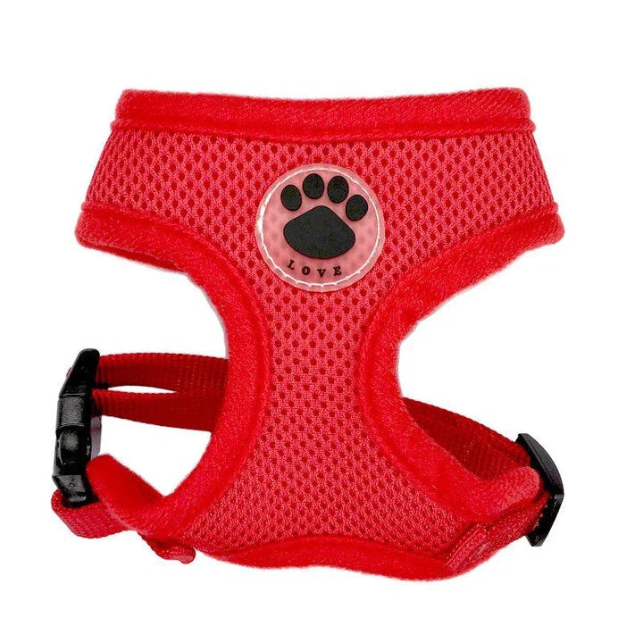 Breathable dog harness with stylish paw print design, made of durable nylon and breathable mesh panels for maximum comfort