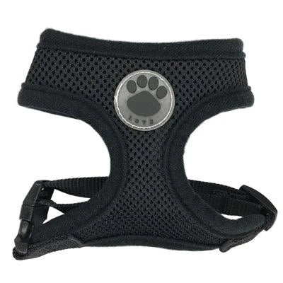 Breathable dog harness with stylish paw print design, made of durable nylon and breathable mesh panels for maximum comfort
