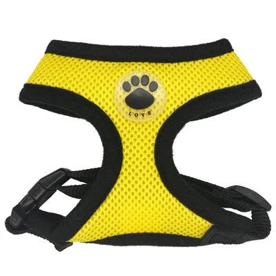 Breathable dog harness with stylish paw print design, made of durable nylon and breathable mesh panels for maximum comfort