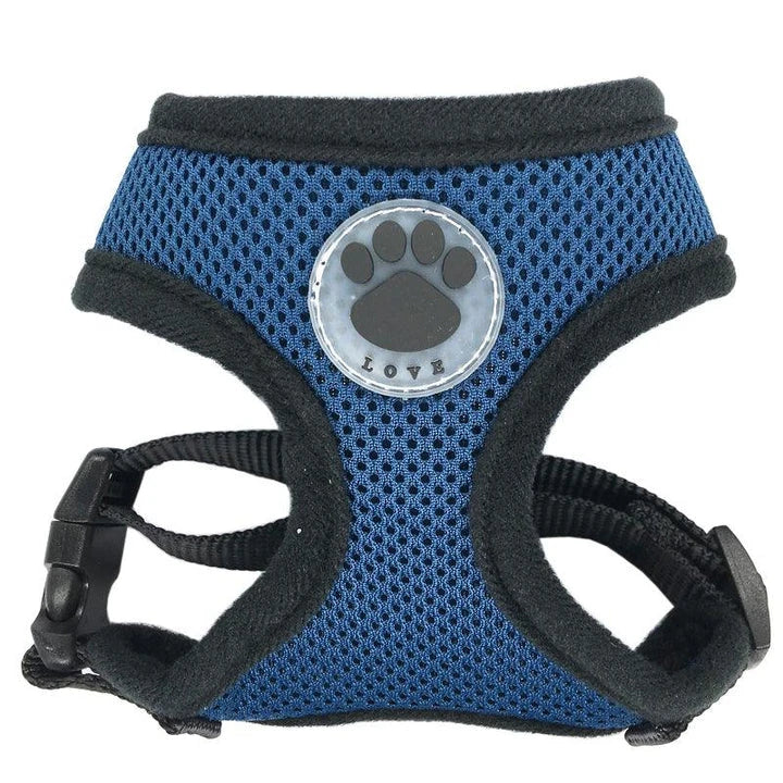 Breathable dog harness with stylish paw print design, made of durable nylon and breathable mesh panels for maximum comfort