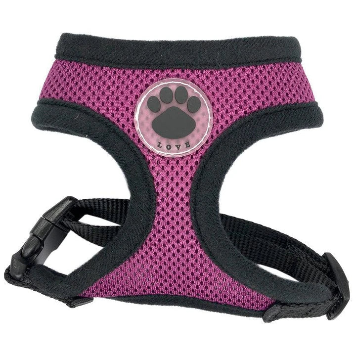 Breathable dog harness with stylish paw print design, made of durable nylon and breathable mesh panels for maximum comfort