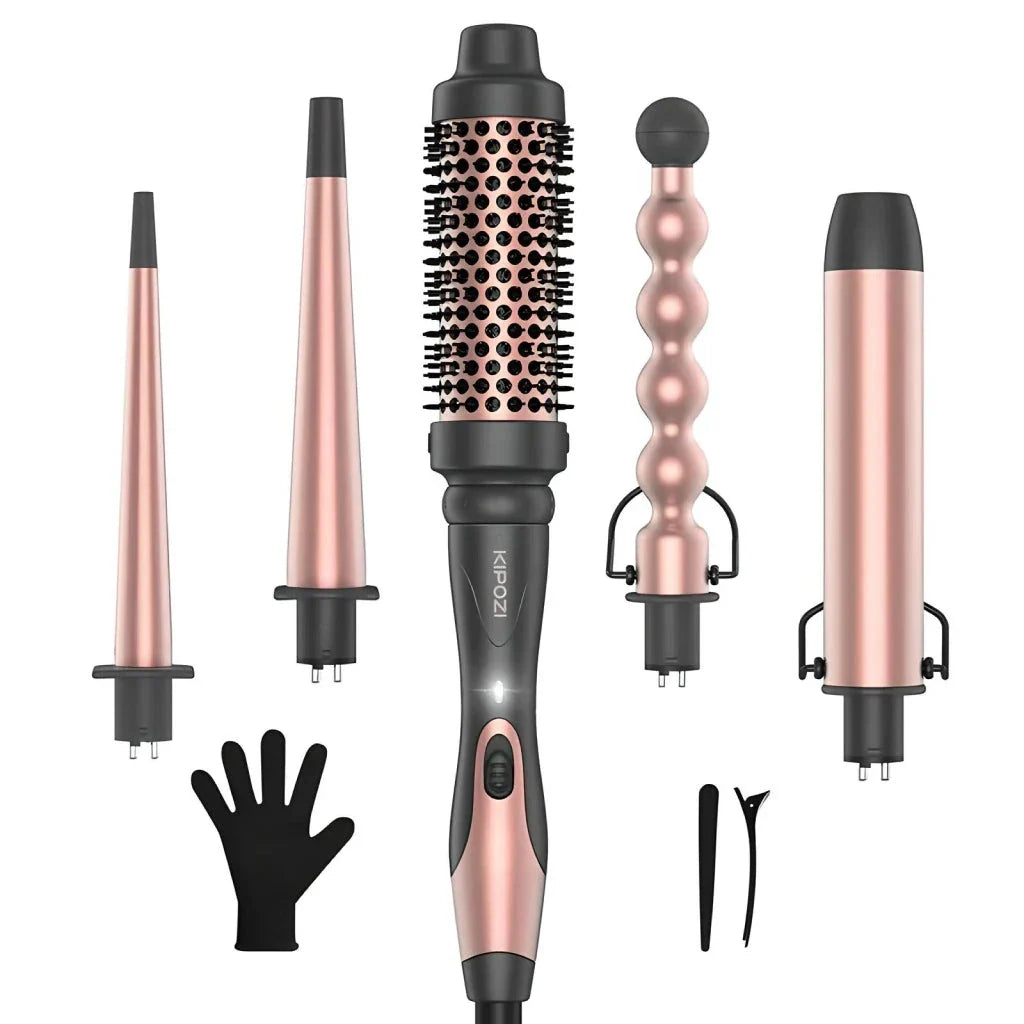 Professional 5-in-1 Curling Iron and Hot Air Brush Set by Trendha - Versatile Styling Tool with Ceramic Barrels and Safety Features