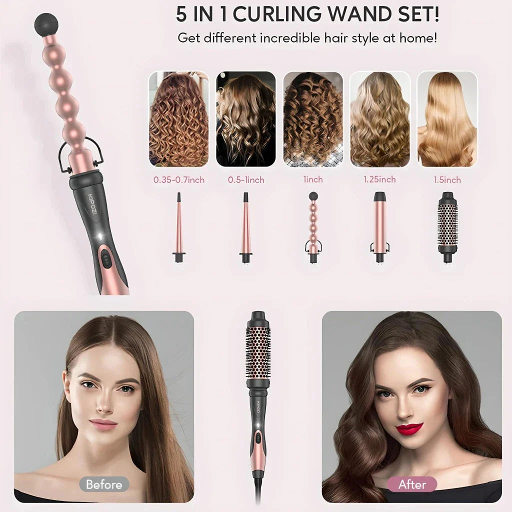 Professional 5-in-1 Curling Iron and Hot Air Brush Set by Trendha - Versatile Styling Tool with Ceramic Barrels and Safety Features