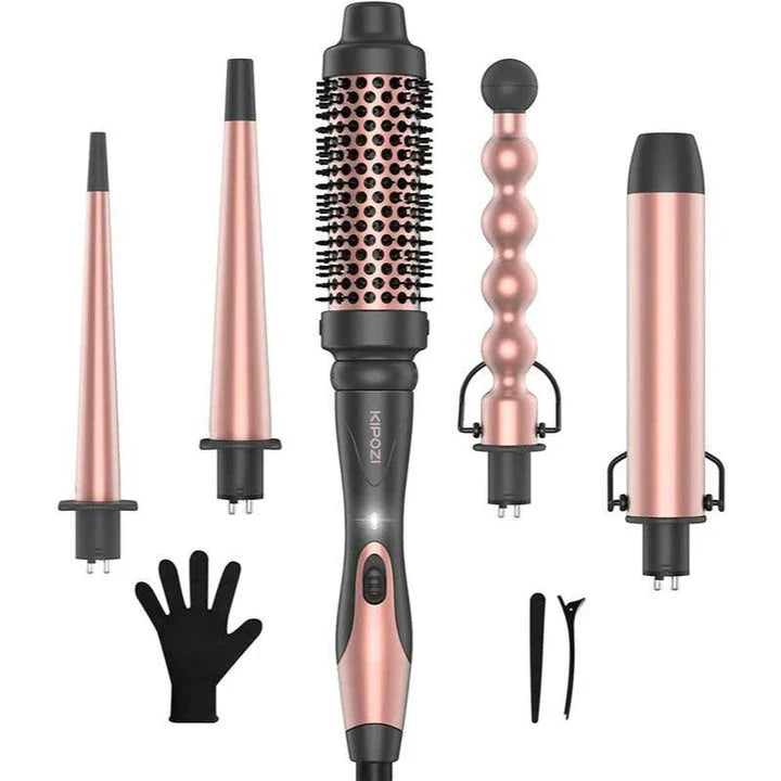 Professional 5-in-1 Curling Iron and Hot Air Brush Set by Trendha - Versatile Styling Tool with Ceramic Barrels and Safety Features