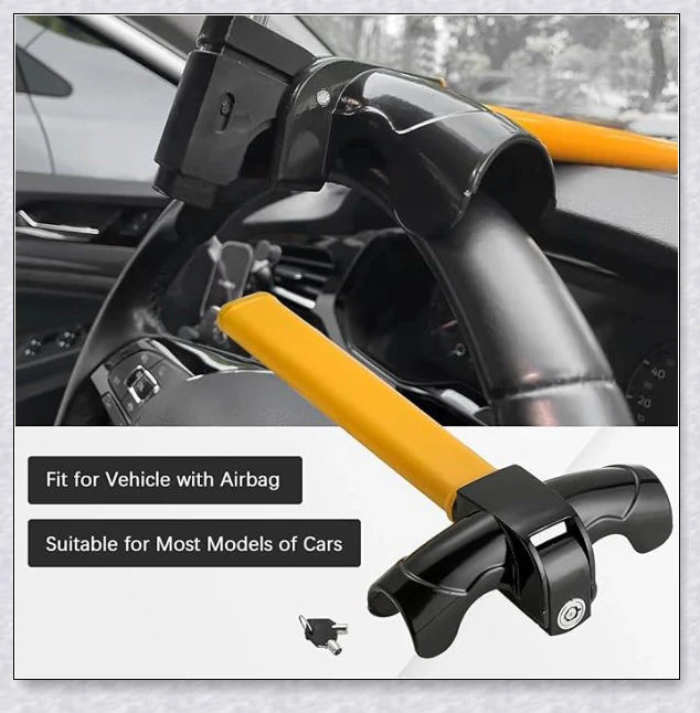 Powerful car steering wheel lock bar in black and yellow colour, designed to secure your vehicle against theft