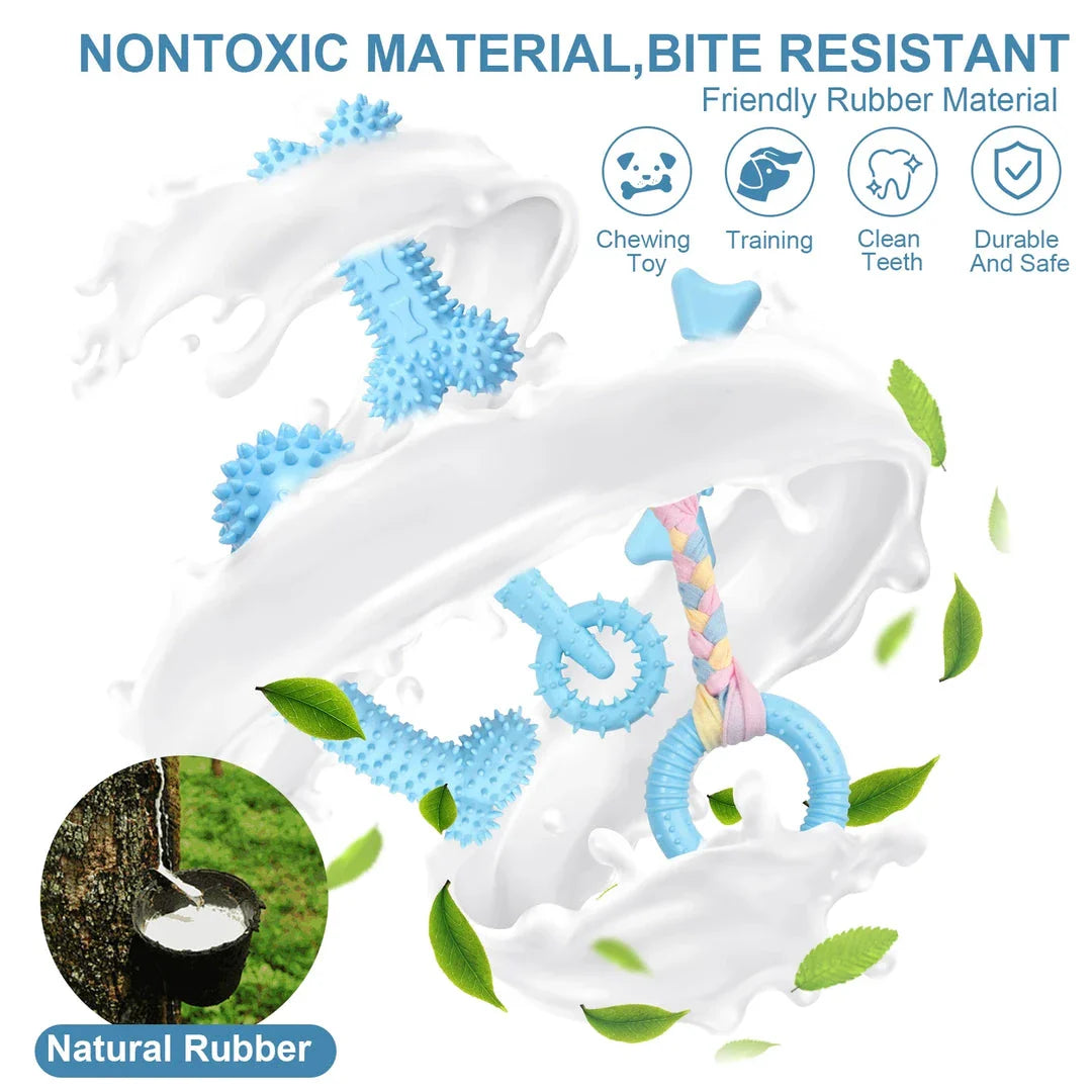A set of interactive dog chew toys designed to clean teeth and promote dental health for small and medium breed dogs