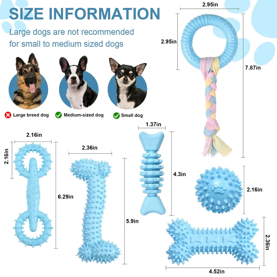 A set of interactive dog chew toys designed to clean teeth and promote dental health for small and medium breed dogs