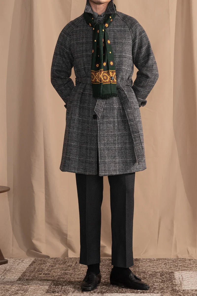 Men's wool-blend mid-length coat in a classic black grey colour, featuring a tailored silhouette and premium details for sophisticated winter style.