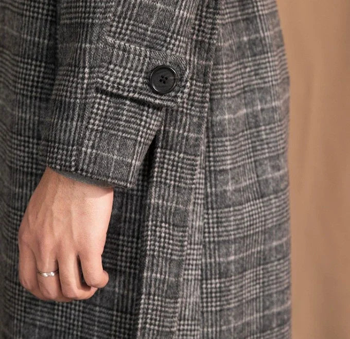 Men's wool-blend mid-length coat in a classic black grey colour, featuring a tailored silhouette and premium details for sophisticated winter style.