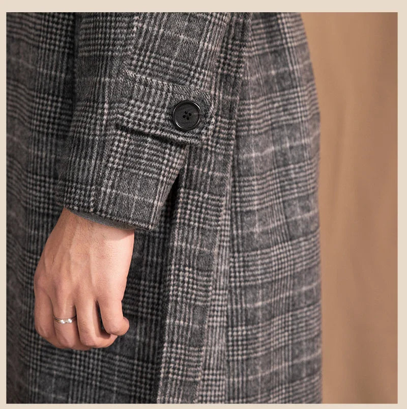 Men's wool-blend mid-length coat in a classic black grey colour, featuring a tailored silhouette and premium details for sophisticated winter style.