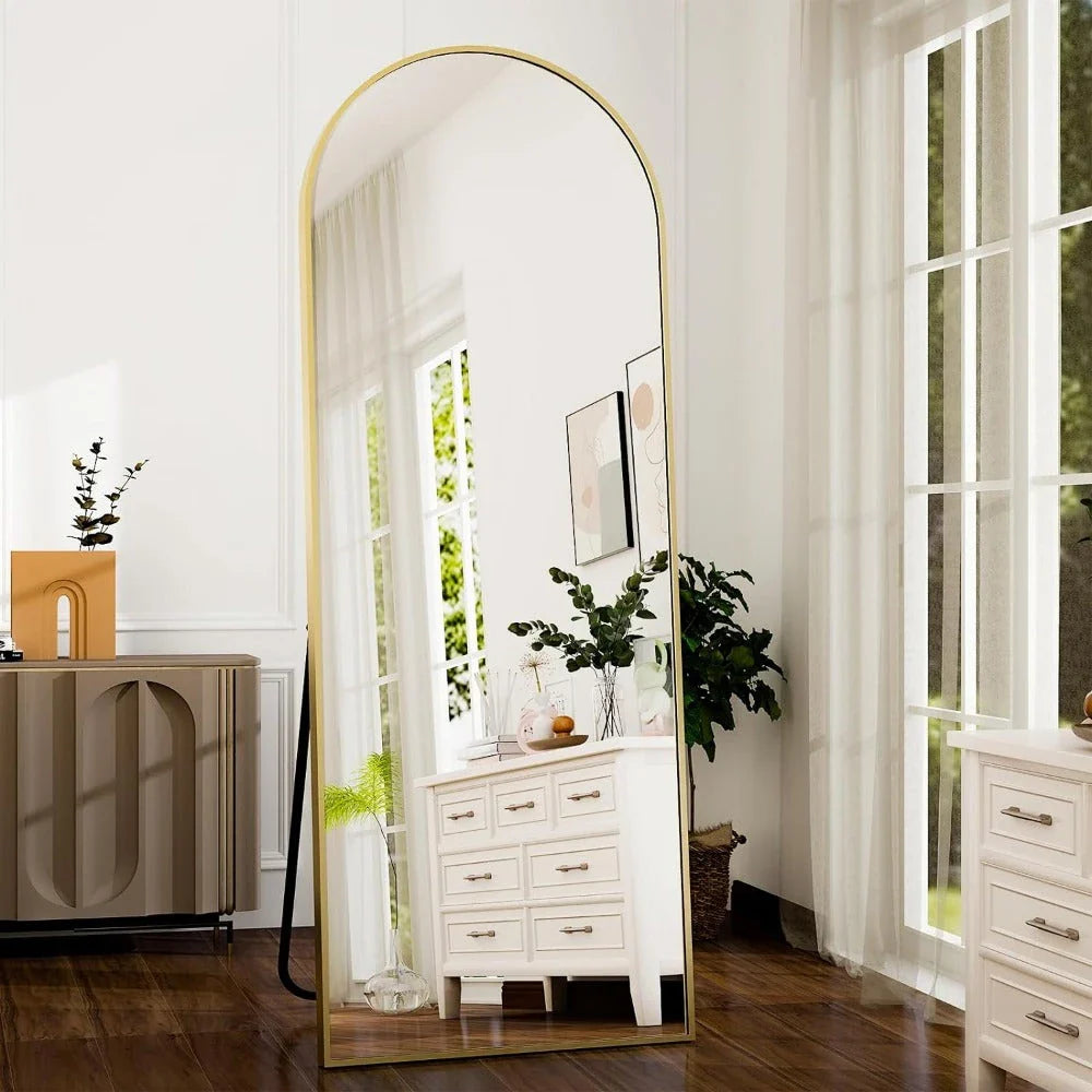 Elegant arched full-length gold mirror with high-definition aluminum frame, providing a clear and accurate reflection for daily use.