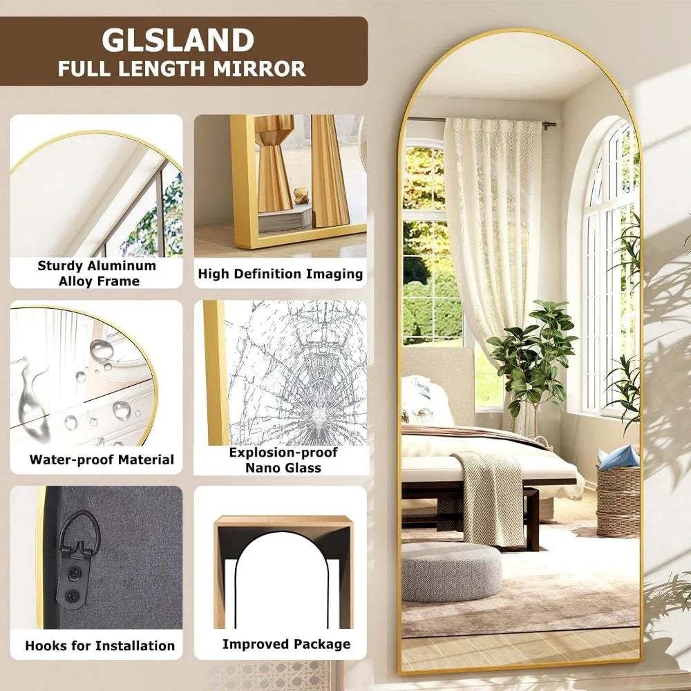 Elegant arched full-length gold mirror with high-definition aluminum frame, providing a clear and accurate reflection for daily use.