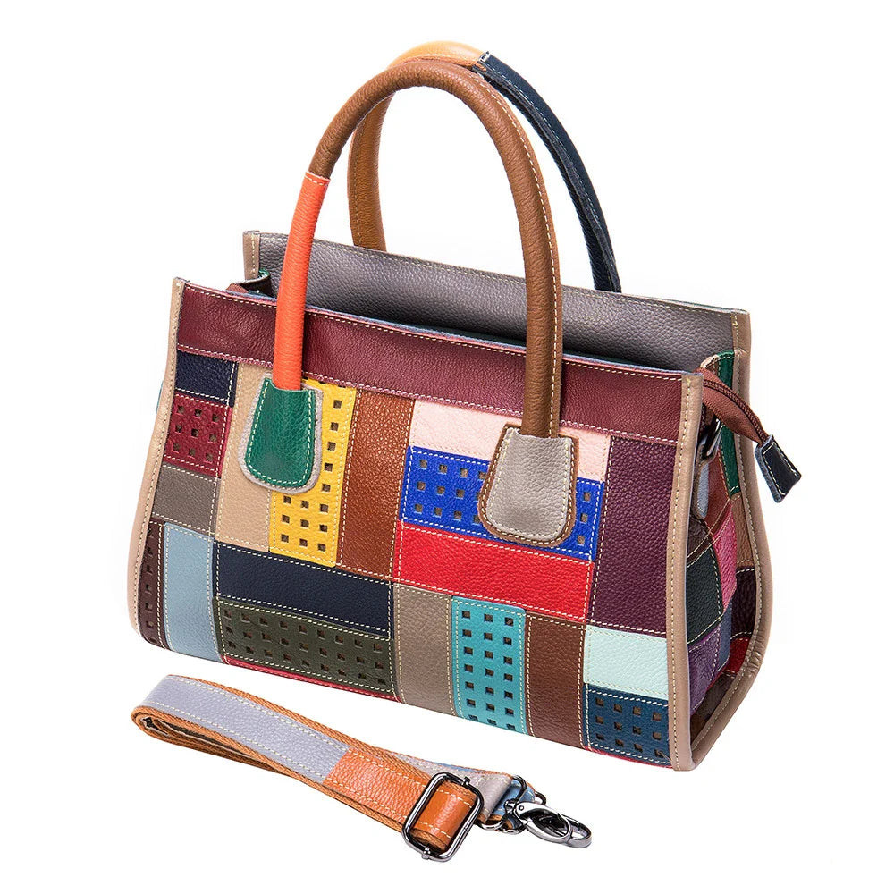 Cowhide Colour Patchwork Handbag - Premium British Crafted Accessory with Durable Construction and Spacious Interior