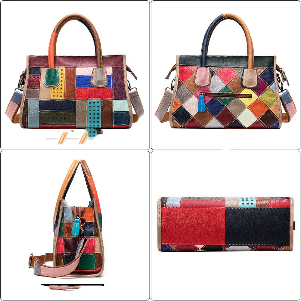Cowhide Colour Patchwork Handbag - Premium British Crafted Accessory with Durable Construction and Spacious Interior