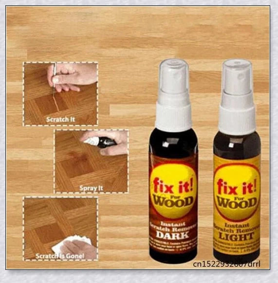 A bottle of Wood Scratch Repair Spray, which can be used to easily fix scratches on wooden furniture and floors.