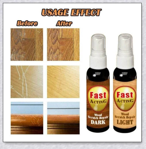 A bottle of Wood Scratch Repair Spray, which can be used to easily fix scratches on wooden furniture and floors.