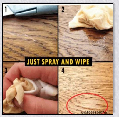 A bottle of Wood Scratch Repair Spray, which can be used to easily fix scratches on wooden furniture and floors.