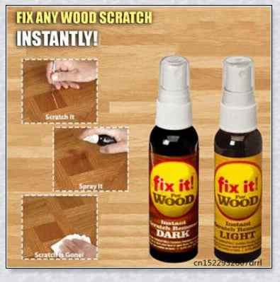 A bottle of Wood Scratch Repair Spray, which can be used to easily fix scratches on wooden furniture and floors.