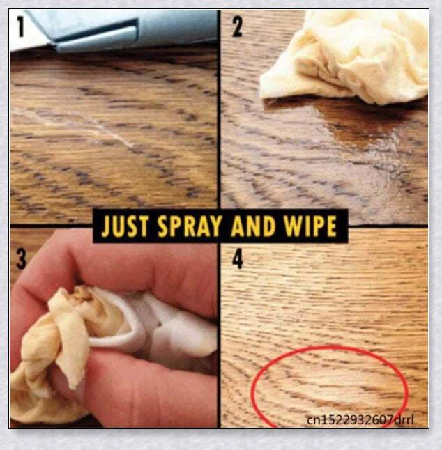 A bottle of Wood Scratch Repair Spray, which can be used to easily fix scratches on wooden furniture and floors.