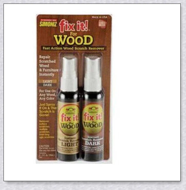 A bottle of Wood Scratch Repair Spray, which can be used to easily fix scratches on wooden furniture and floors.