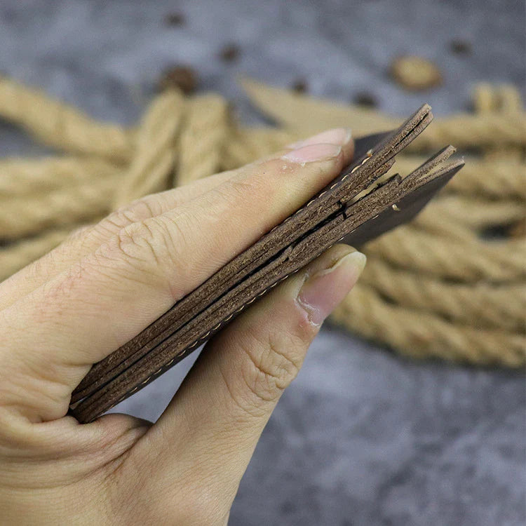 A close-up view of a premium leather wallet in a light brown colour, featuring a single money clip and multiple card slots for organised storage of essentials.