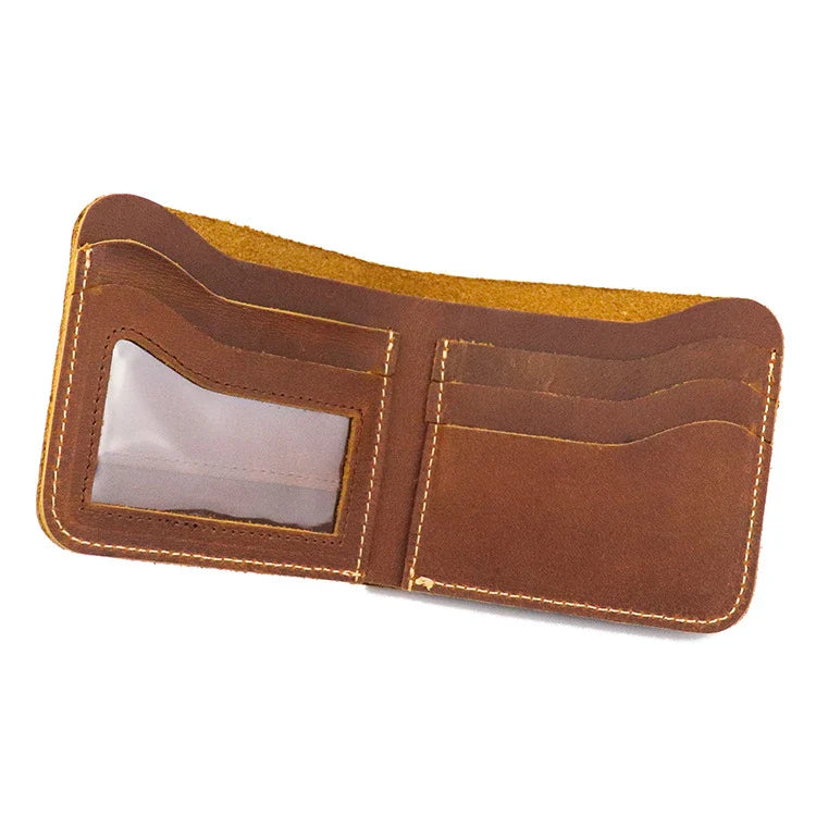 A close-up view of a premium leather wallet in a light brown colour, featuring a single money clip and multiple card slots for organised storage of essentials.