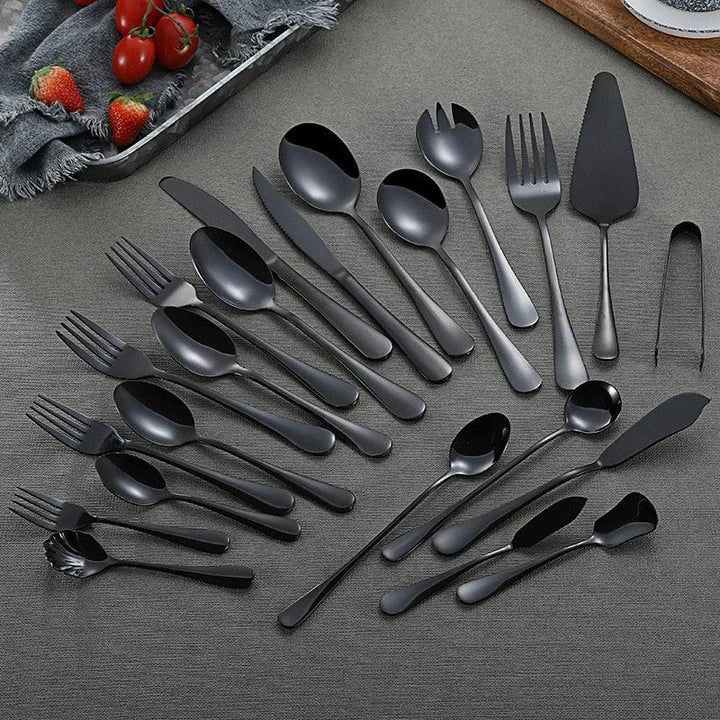 Premium black tableware set made of durable stainless steel with elegant design for formal and casual dining