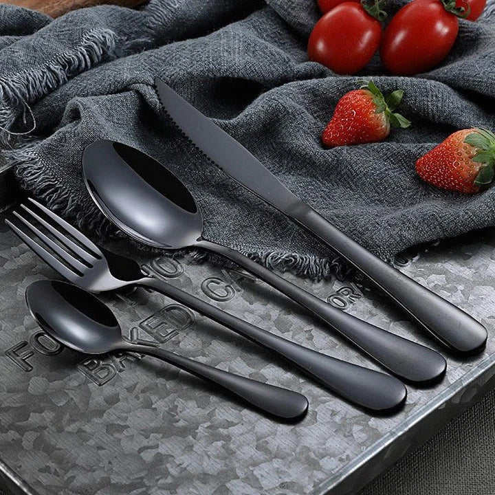 Premium black tableware set made of durable stainless steel with elegant design for formal and casual dining