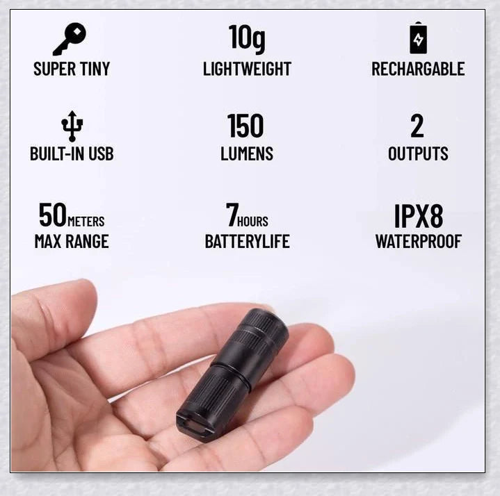 A compact, powerful LED flashlight with an aluminium alloy body, IPX8 waterproof rating, and long-lasting battery life.