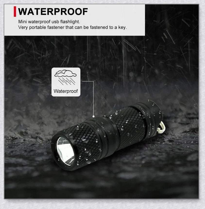 A compact, powerful LED flashlight with an aluminium alloy body, IPX8 waterproof rating, and long-lasting battery life.