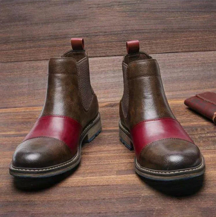 Large size men's leather boots with round toe and low wedge heel, featuring durable artificial PU upper and rubber sole for superior comfort and stability.