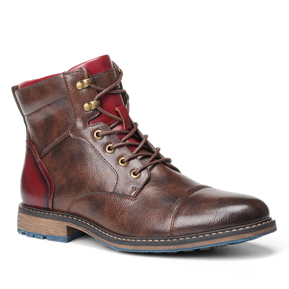 Large size men's leather boots with round toe and low wedge heel, featuring durable artificial PU upper and rubber sole for superior comfort and stability.