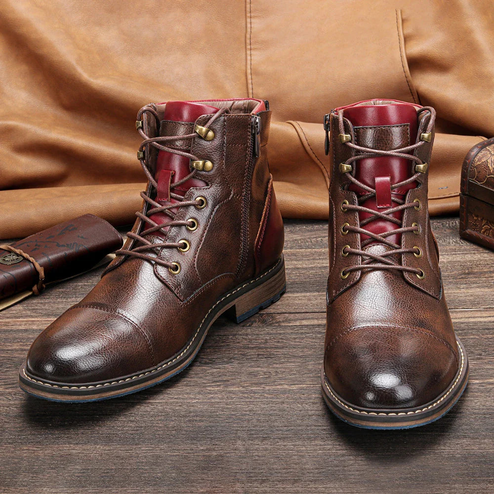 Large size men's leather boots with round toe and low wedge heel, featuring durable artificial PU upper and rubber sole for superior comfort and stability.