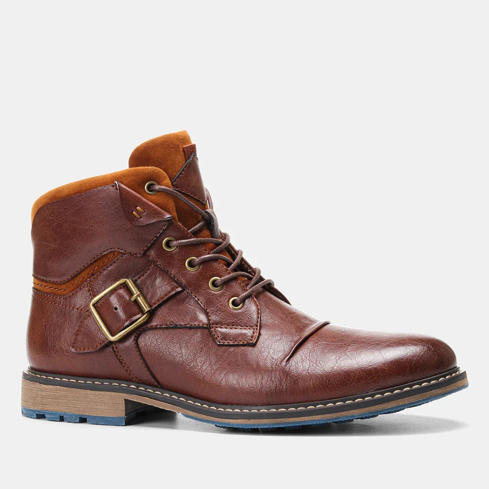 Large size men's leather boots with round toe and low wedge heel, featuring durable artificial PU upper and rubber sole for superior comfort and stability.