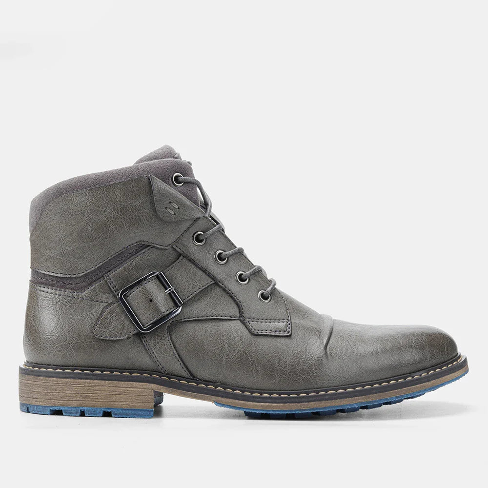 Large size men's leather boots with round toe and low wedge heel, featuring durable artificial PU upper and rubber sole for superior comfort and stability.