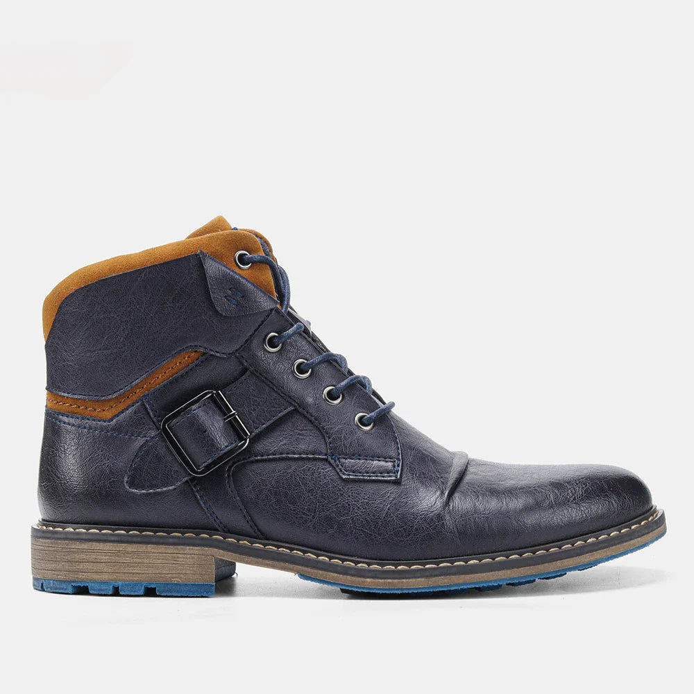 Large size men's leather boots with round toe and low wedge heel, featuring durable artificial PU upper and rubber sole for superior comfort and stability.