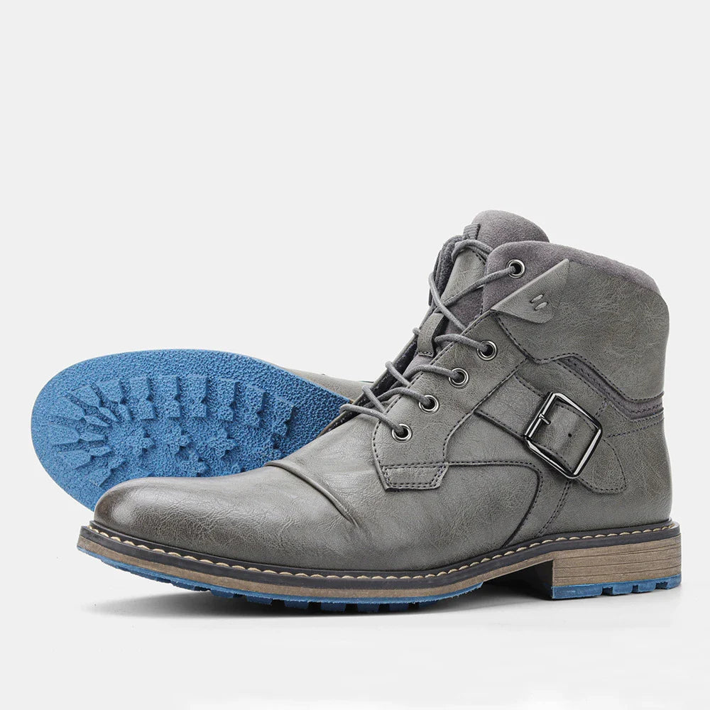 Large size men's leather boots with round toe and low wedge heel, featuring durable artificial PU upper and rubber sole for superior comfort and stability.