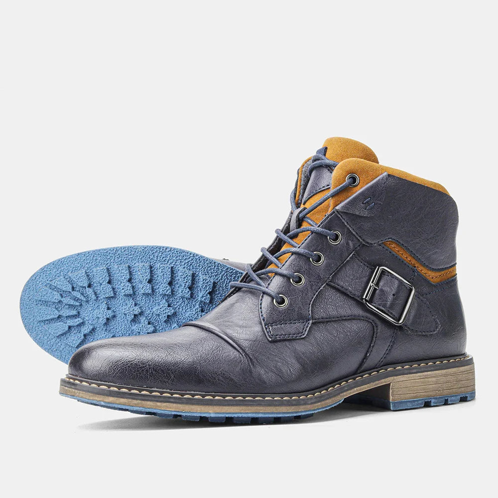 Large size men's leather boots with round toe and low wedge heel, featuring durable artificial PU upper and rubber sole for superior comfort and stability.