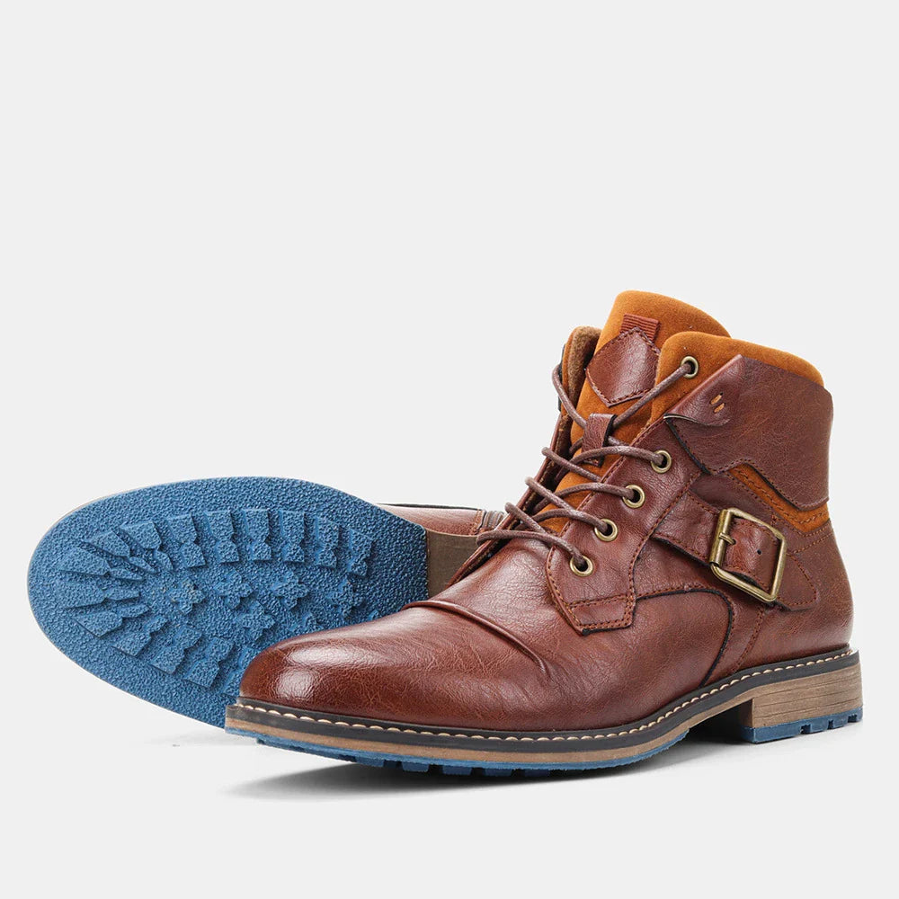 Large size men's leather boots with round toe and low wedge heel, featuring durable artificial PU upper and rubber sole for superior comfort and stability.