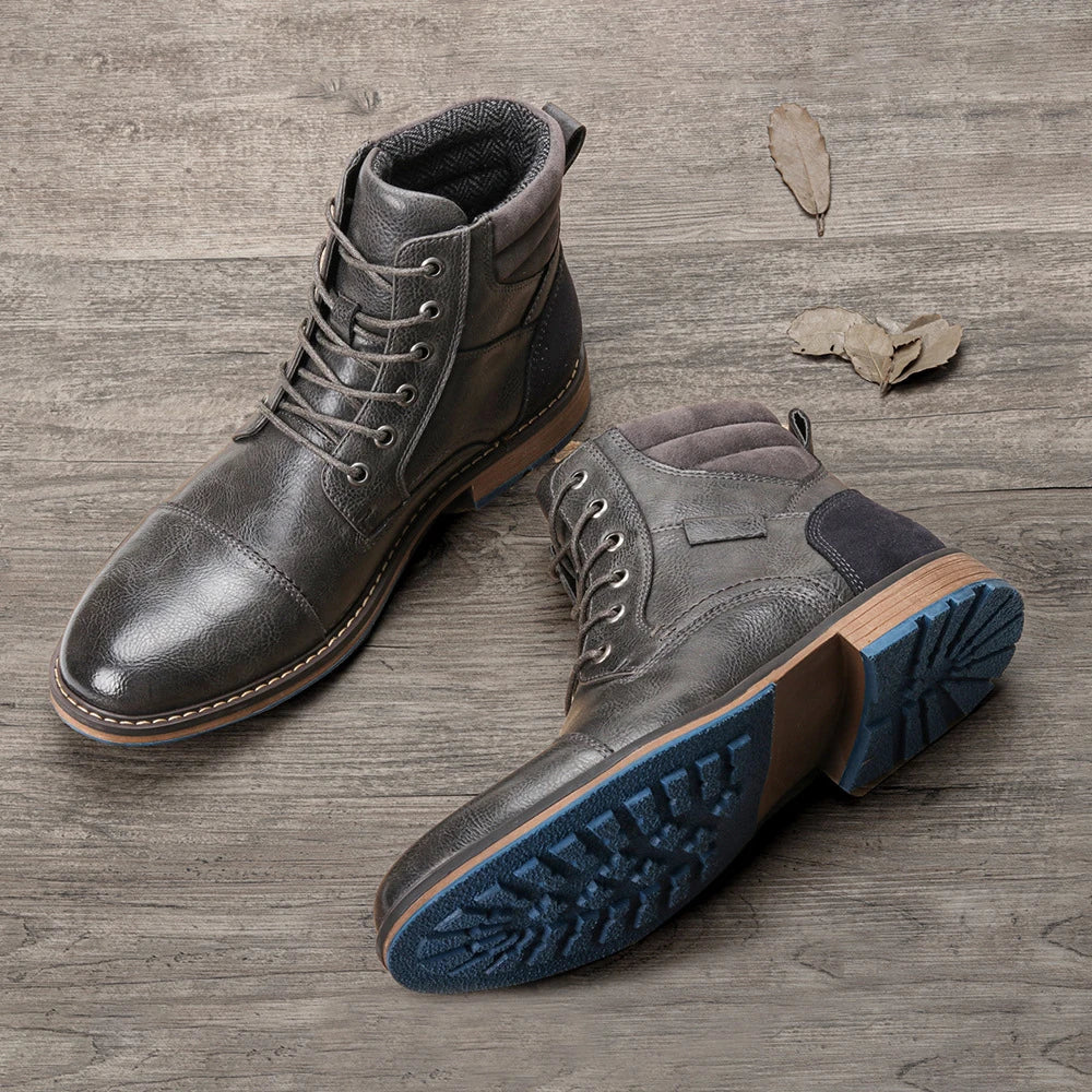 Large size men's leather boots with round toe and low wedge heel, featuring durable artificial PU upper and rubber sole for superior comfort and stability.