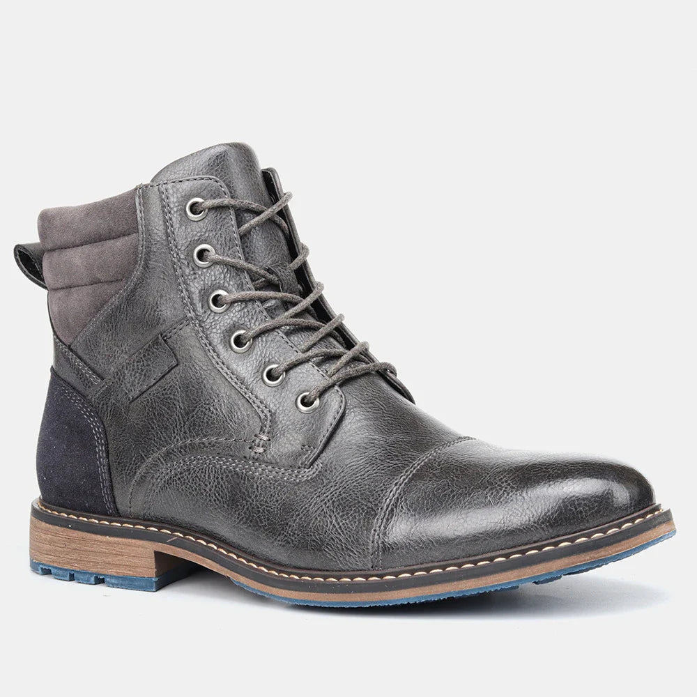 Large size men's leather boots with round toe and low wedge heel, featuring durable artificial PU upper and rubber sole for superior comfort and stability.