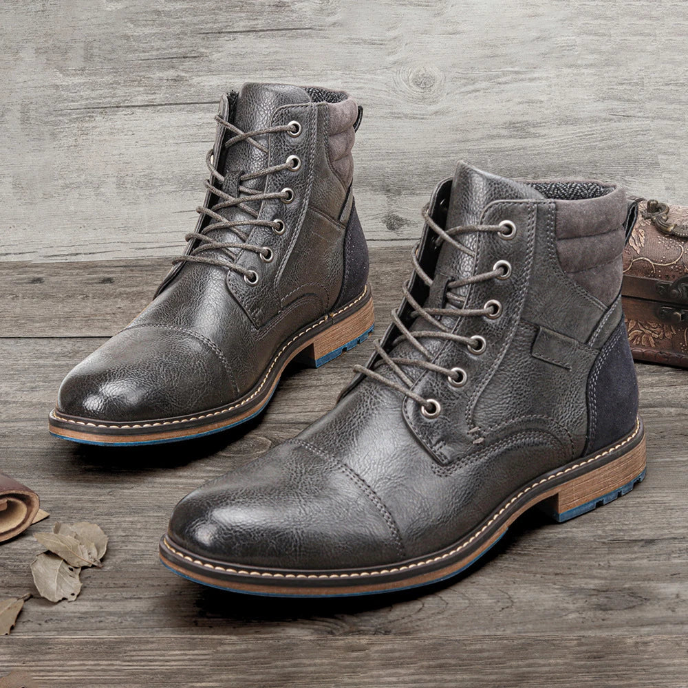 Large size men's leather boots with round toe and low wedge heel, featuring durable artificial PU upper and rubber sole for superior comfort and stability.