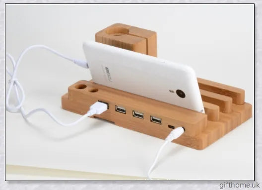 Bamboo mobile and watch holder for smartphones, tablets, and smartwatches - a sophisticated British-made tech accessory.