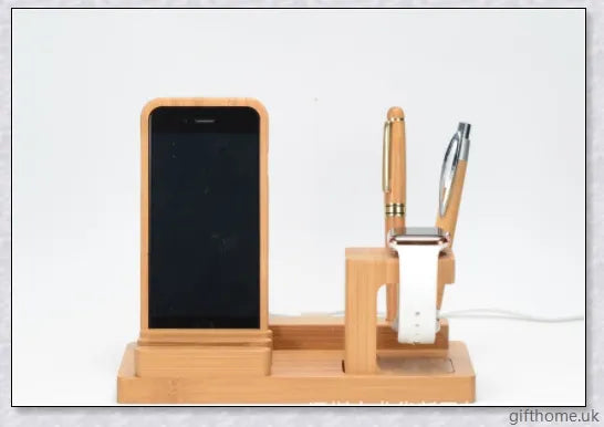 Bamboo mobile and watch holder for smartphones, tablets, and smartwatches - a sophisticated British-made tech accessory.