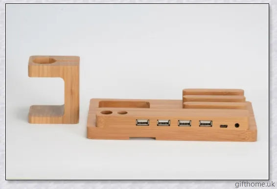 Bamboo mobile and watch holder for smartphones, tablets, and smartwatches - a sophisticated British-made tech accessory.
