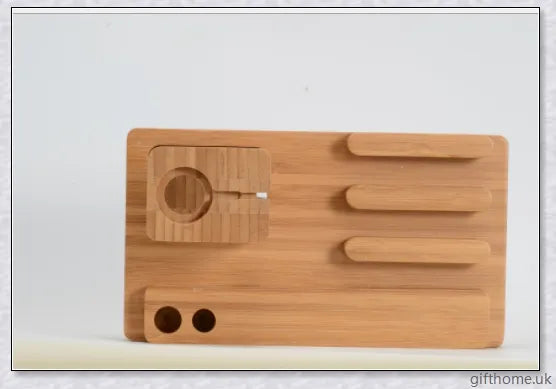 Bamboo mobile and watch holder for smartphones, tablets, and smartwatches - a sophisticated British-made tech accessory.