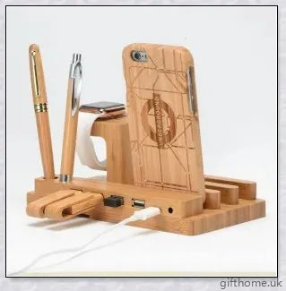 Bamboo mobile and watch holder for smartphones, tablets, and smartwatches - a sophisticated British-made tech accessory.